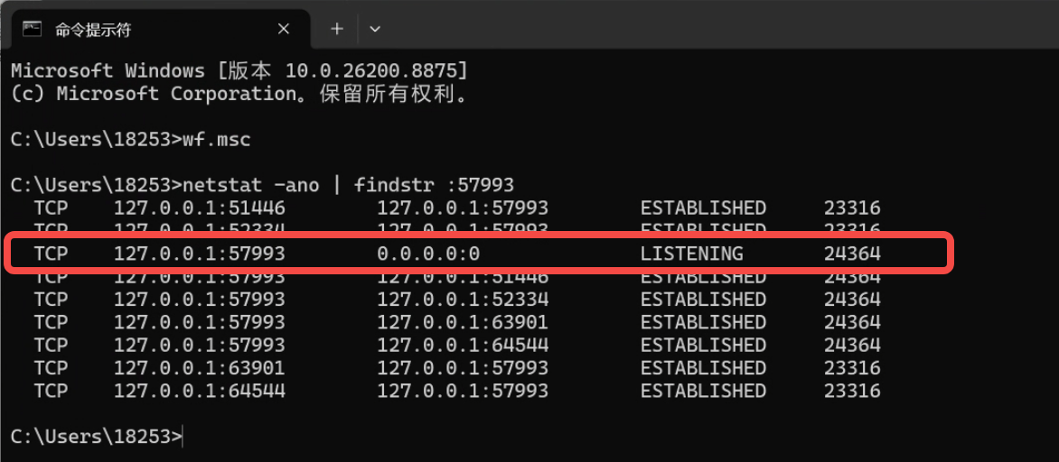 用 netstat 确认端口处于 LISTENING